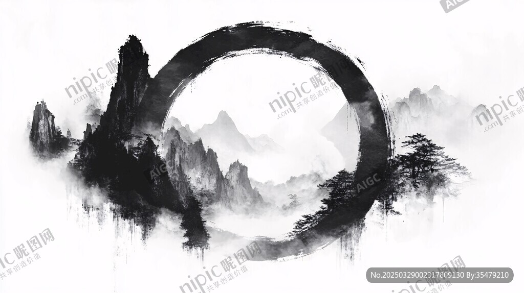 水墨山水圓環(huán)意境圖