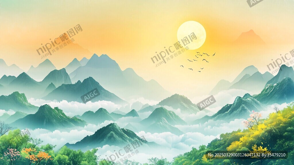 日出群山間 云霧伴飛鳥