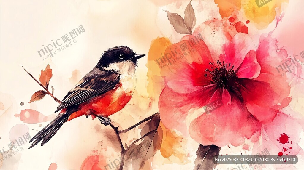 花鳥水彩畫 靈動小鳥伴繁花