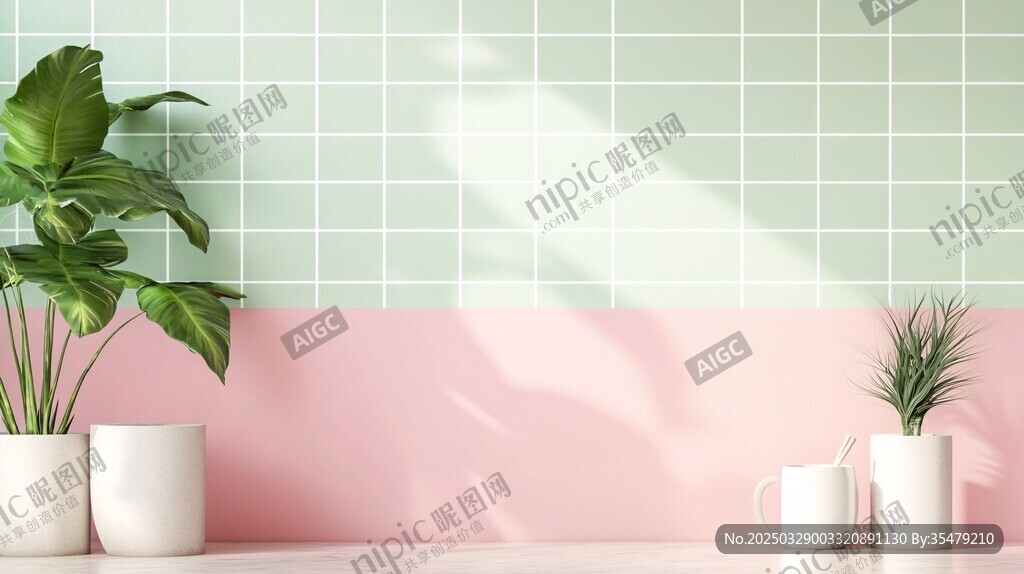 清新粉綠墻面與綠植組合