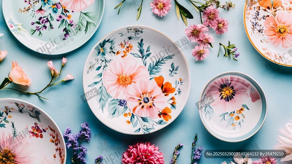 花卉圖案陶瓷盤與鮮花點綴