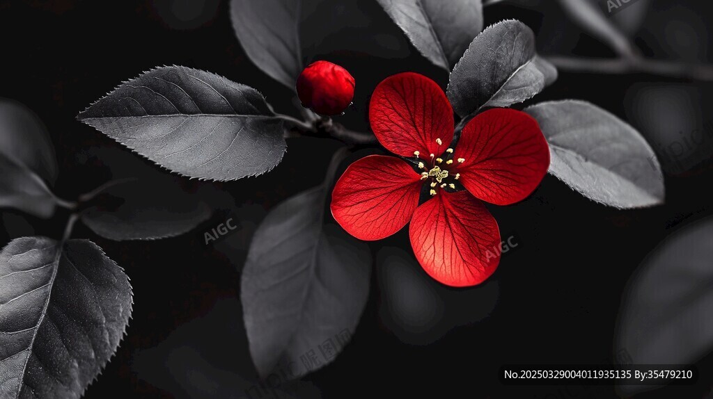 獨枝紅花綻 墨葉相襯