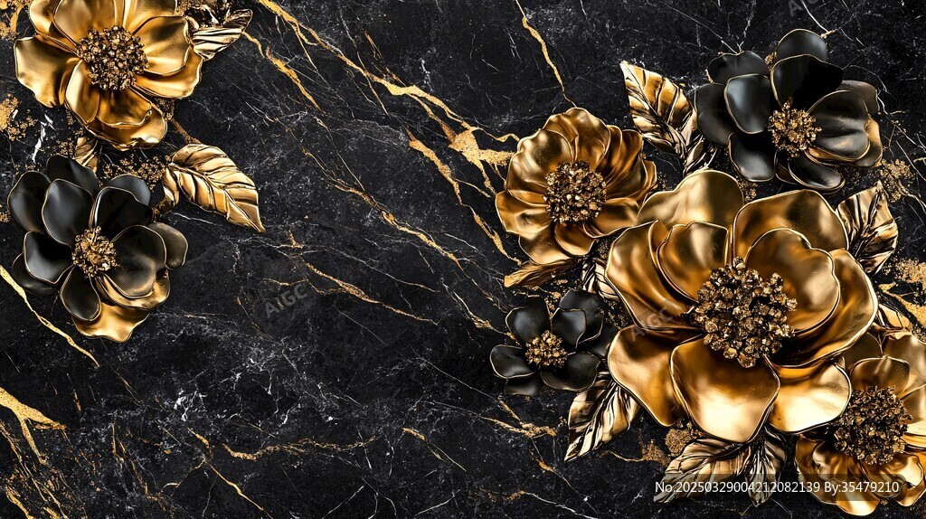 黑金大理石上的奢华花卉 黑金大理石上的奢华花卉