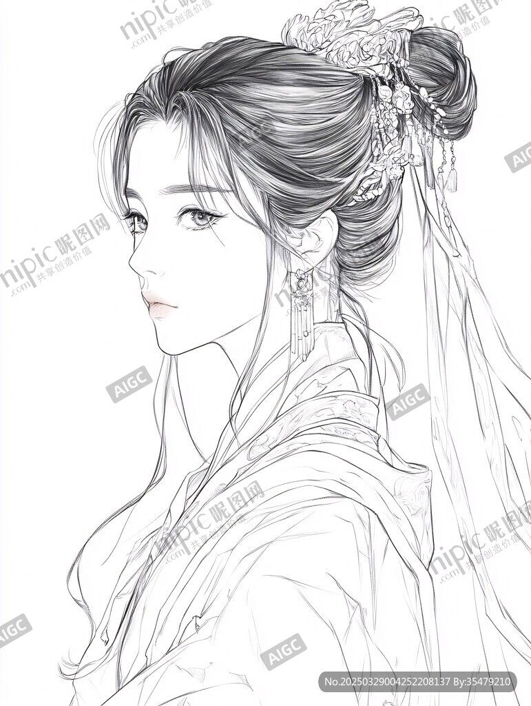 古風女子側顏發(fā)髻線稿圖