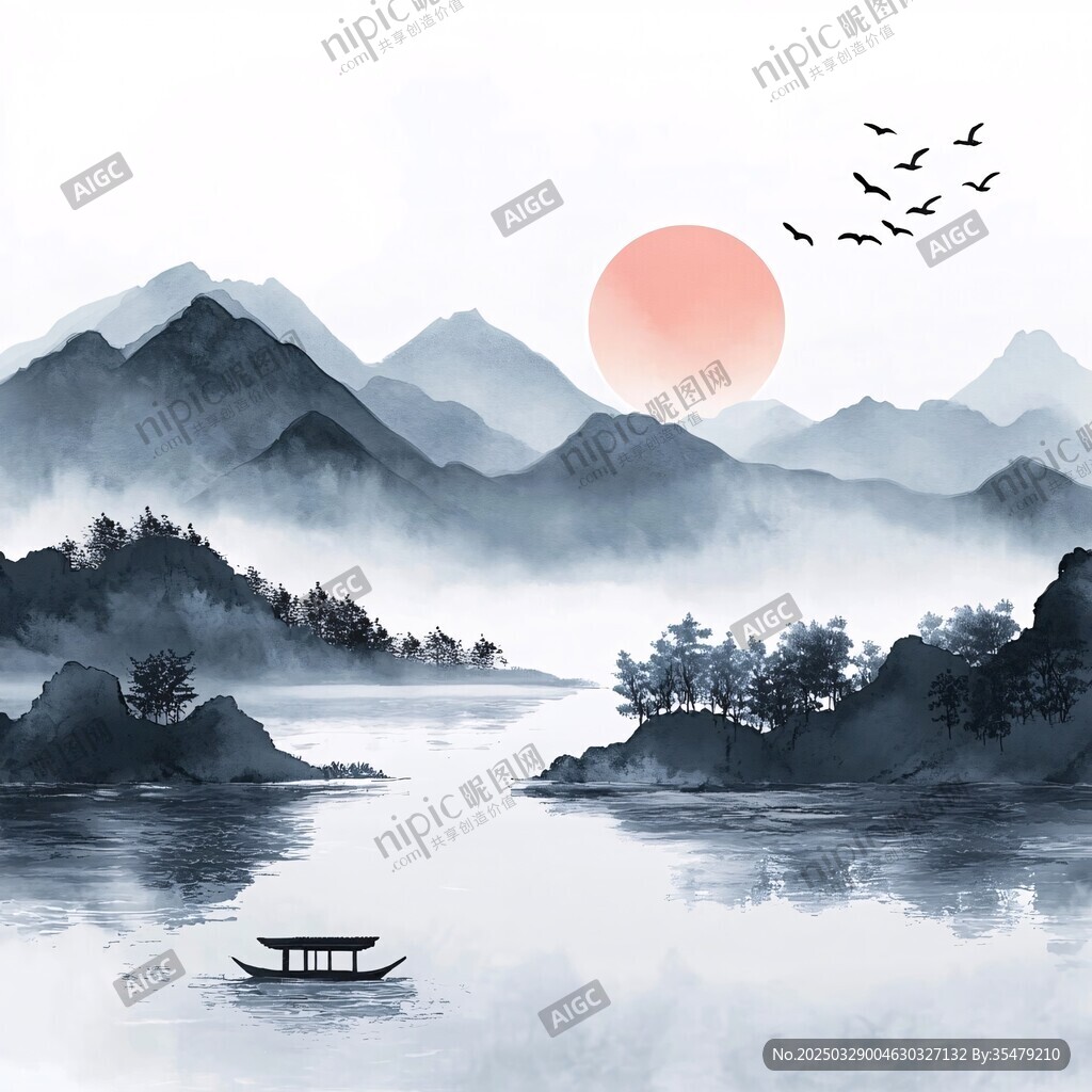 水墨山水間的孤舟落日景