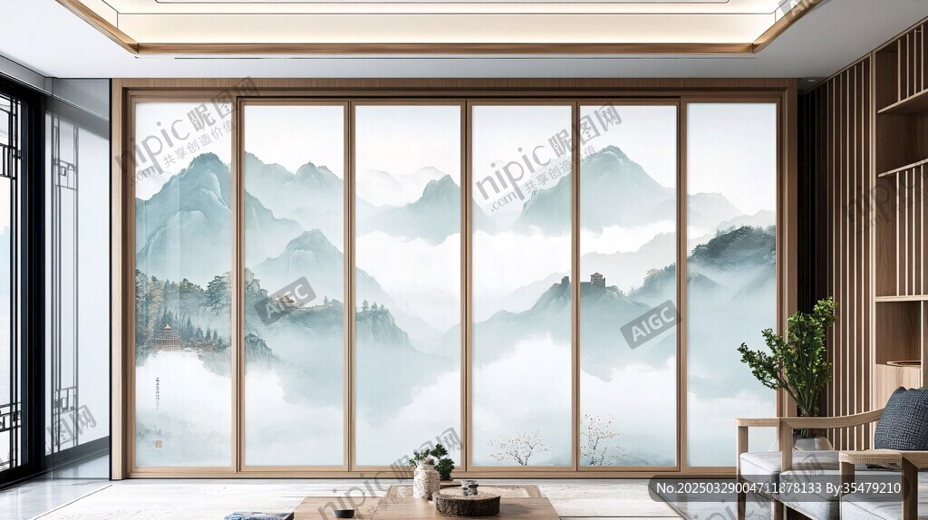 中式山水背景墻室內(nèi)空間