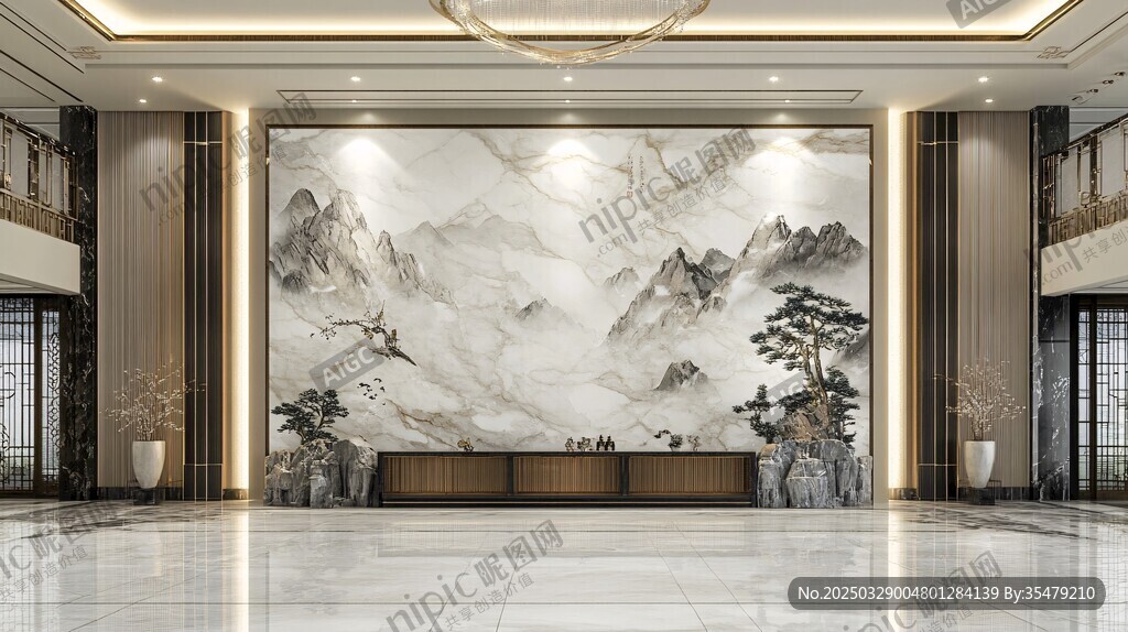 中式大廳水墨山水背景墻