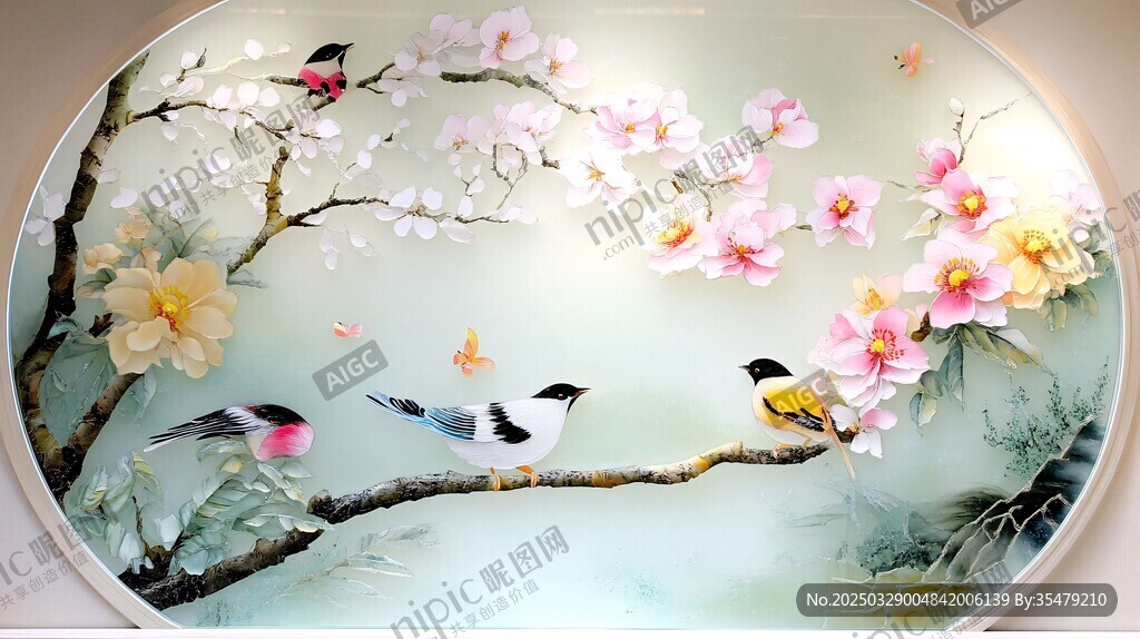 花鳥圓形畫作 春意盎然