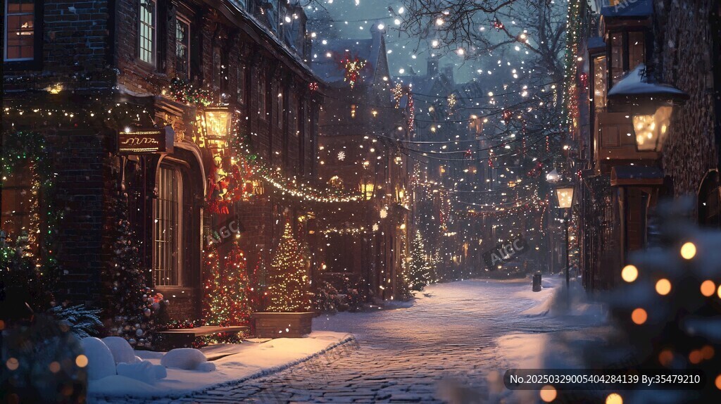 雪夜中燈火璀璨的溫馨小巷