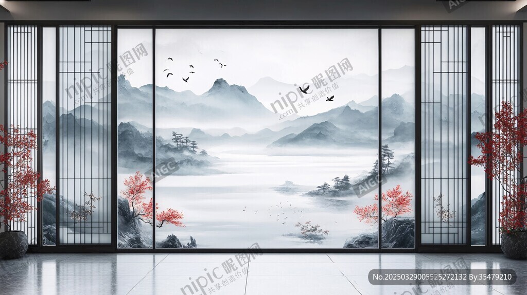 中式山水屏風(fēng)室內(nèi)雅致景
