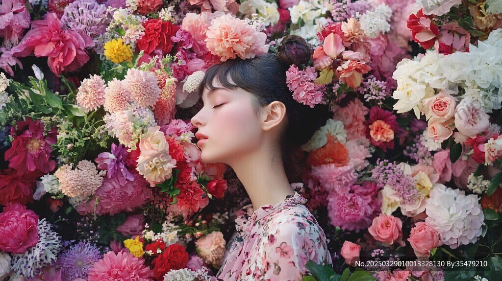 少女沉醉于繽紛花海中