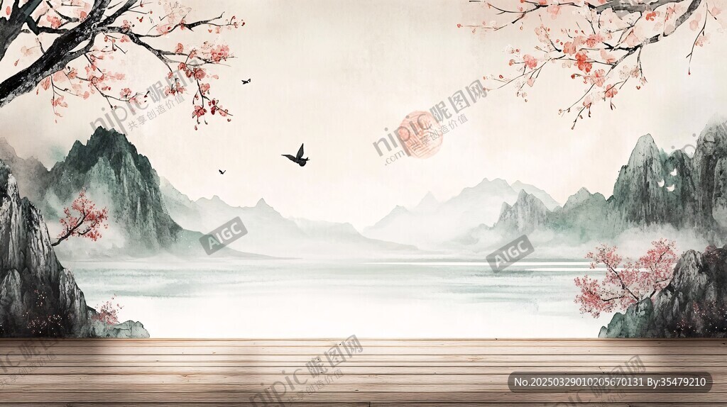 水墨山水春景木板展示臺