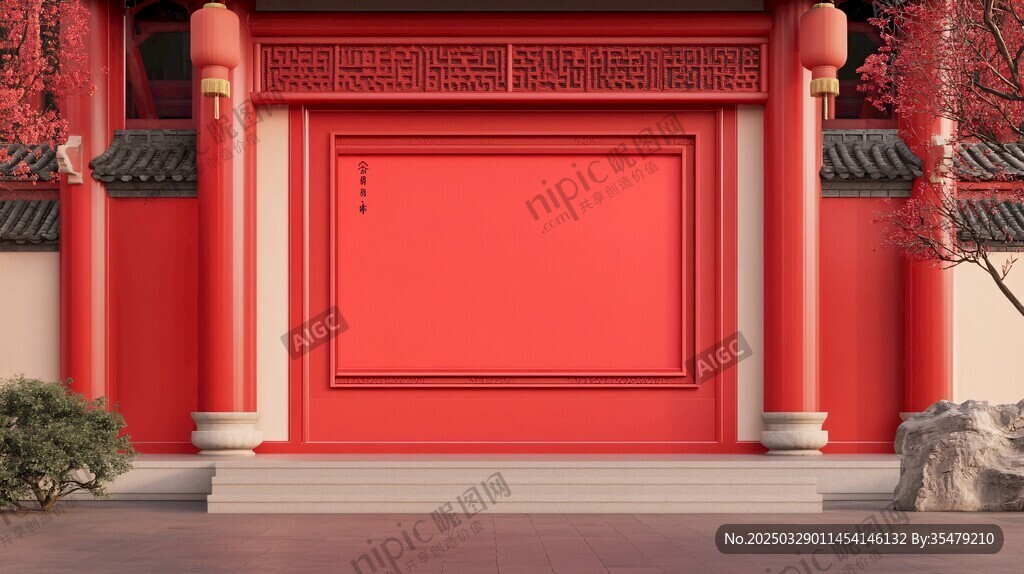 中式紅墻院門古風景致
