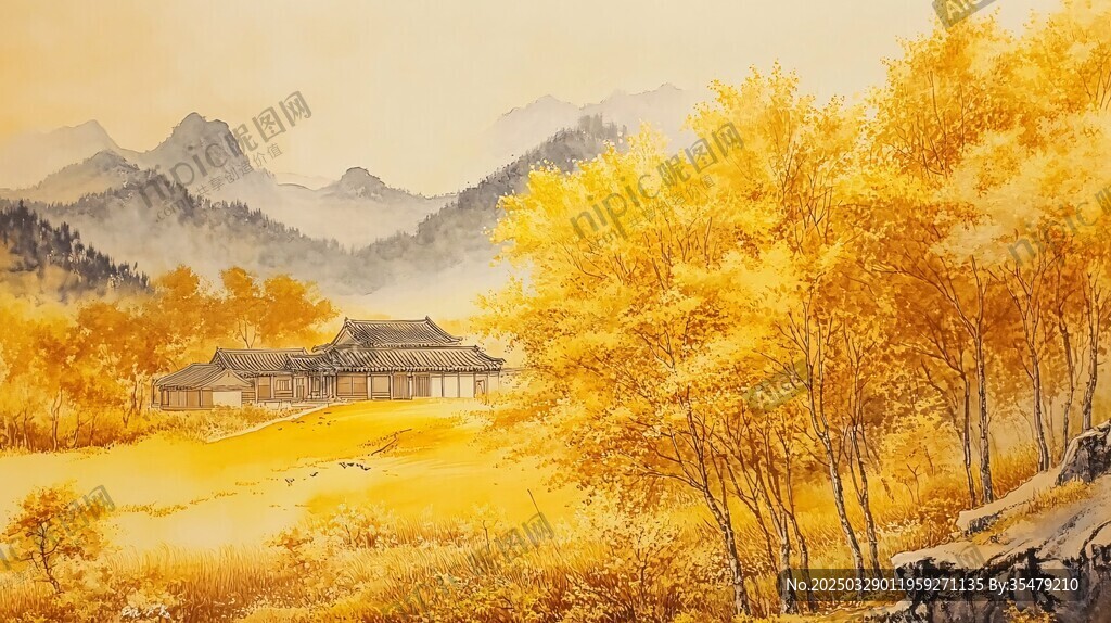 金秋山林中的中式屋舍