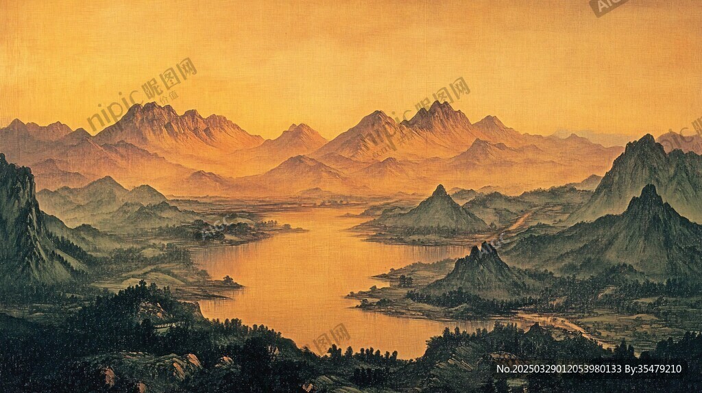 金色山川湖泊壯麗風(fēng)光圖