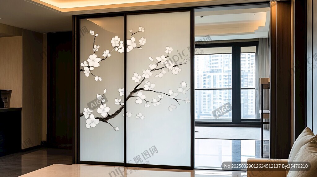 中式梅花玻璃隔斷客廳景