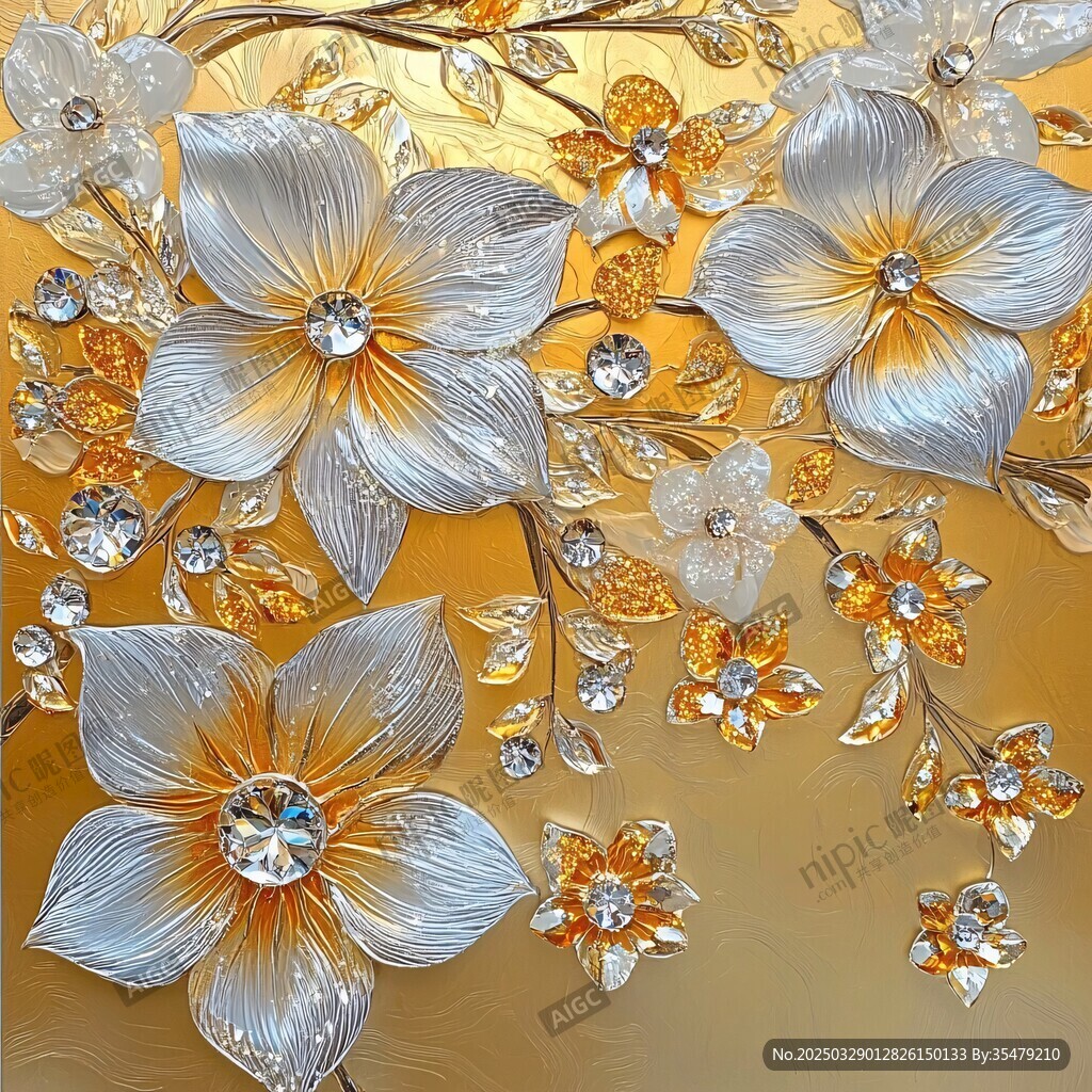 華麗金底水晶花朵裝飾畫