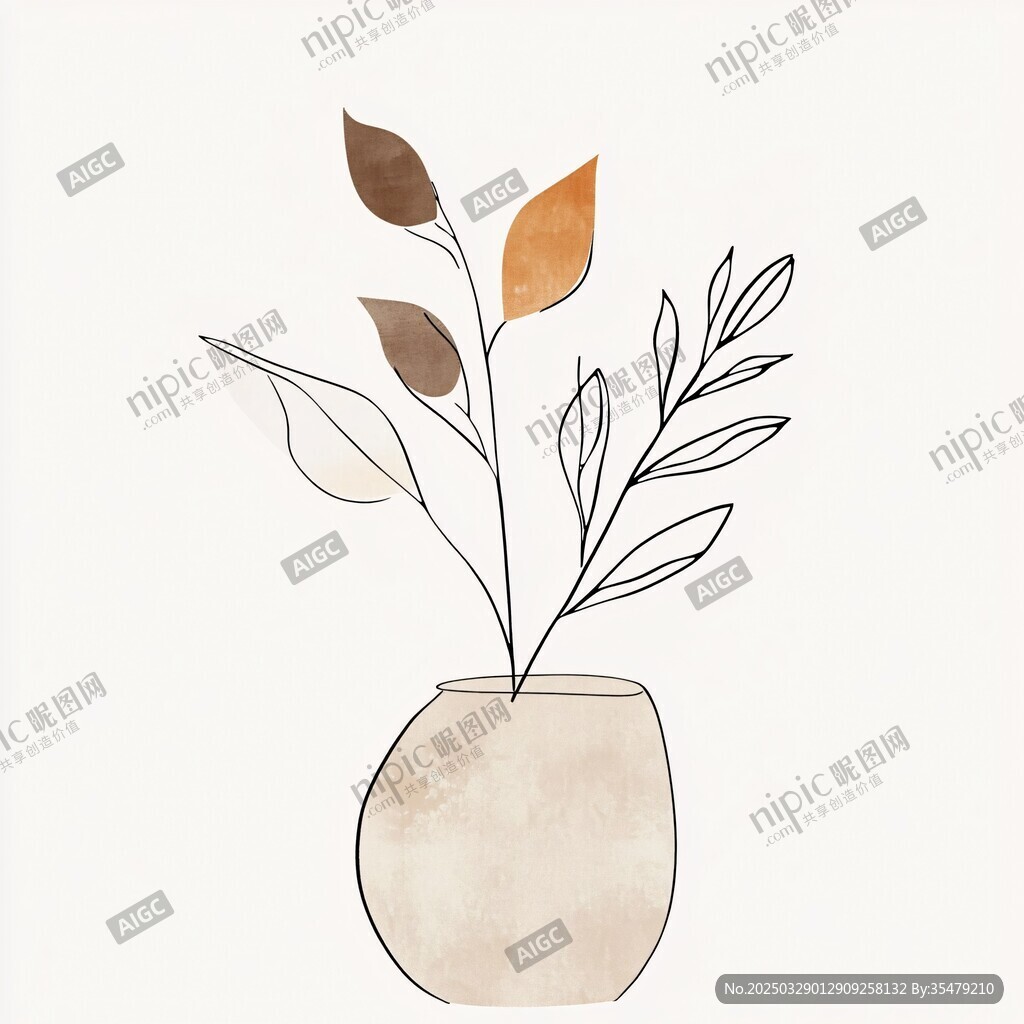 簡(jiǎn)約花瓶插葉插畫圖案