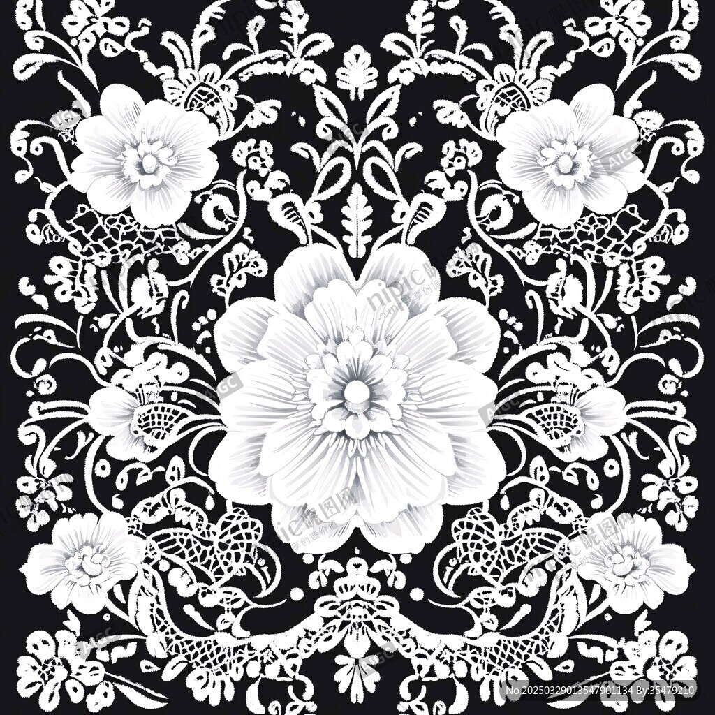 黑白花卉刺繡風(fēng)圖案設(shè)計(jì)