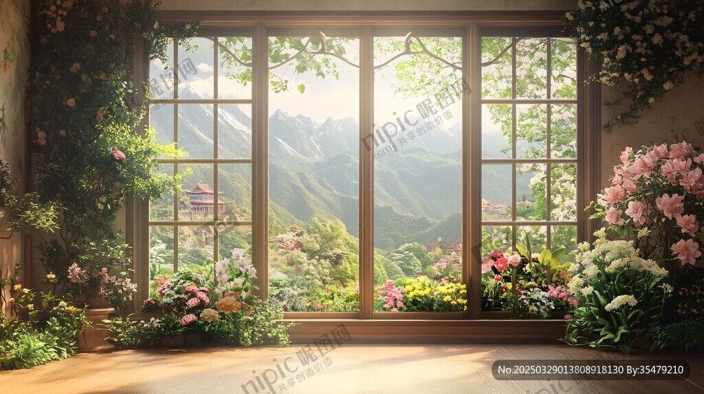 窗邊繁花映山景