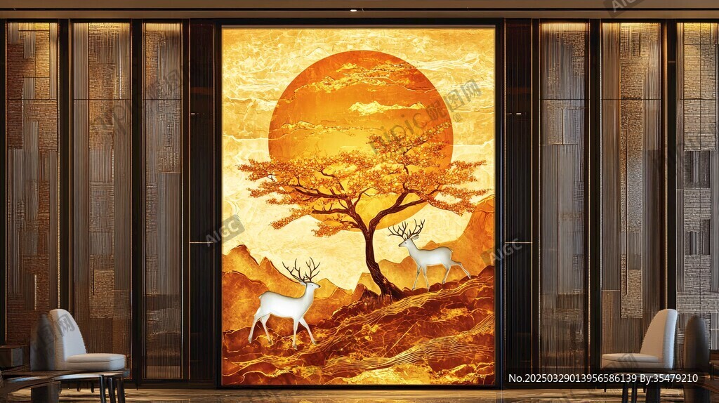 中式玄關(guān)處的瑞鹿朝陽壁畫