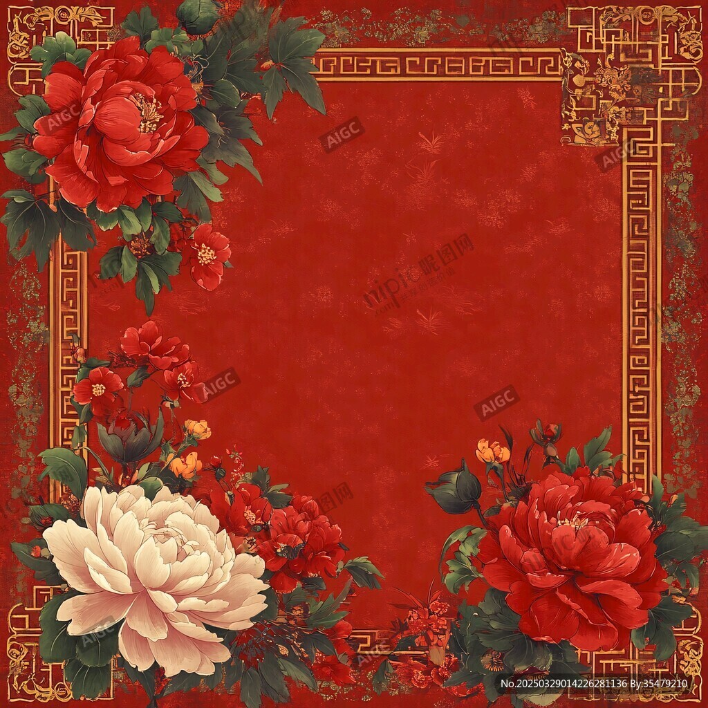 中式紅底牡丹花卉邊框圖