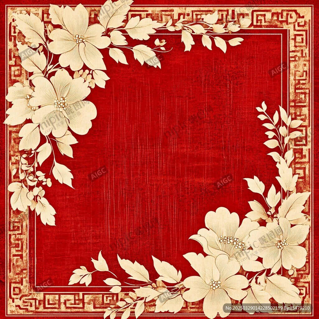 中式紅底花卉邊框圖案