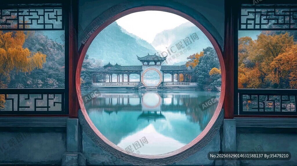 中式圓窗映山水亭閣景