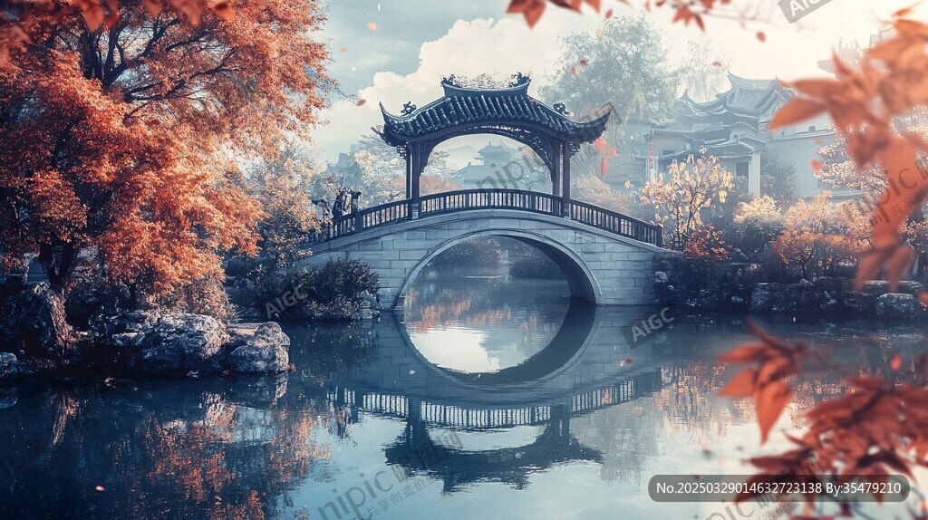 秋日中式園林拱橋美景