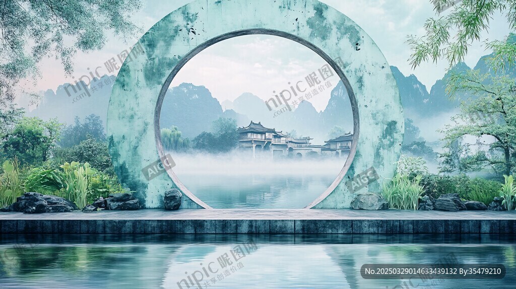 中式園林月洞門山水景致
