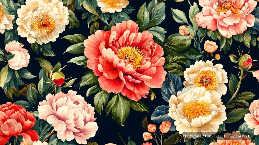 復古風牡丹花卉圖案