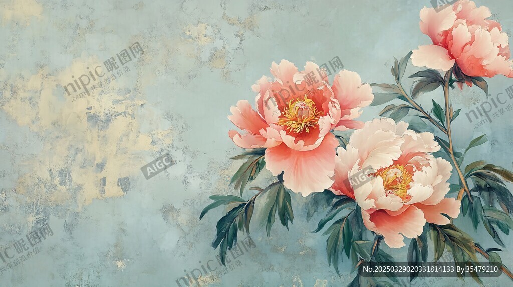 淡藍背景上的嬌艷粉色牡丹