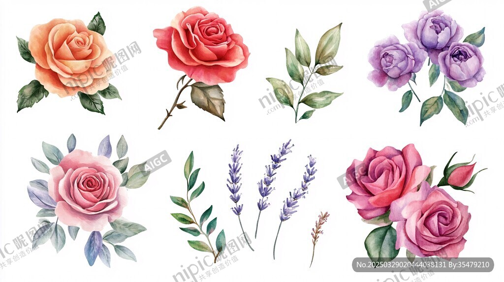 水彩花卉插畫 多樣花朵集合