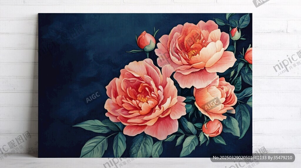 艷麗粉色牡丹花卉畫作