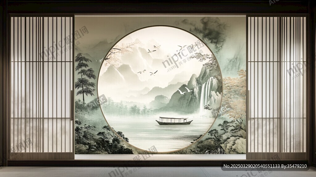 中式山水圓形屏風(fēng)裝飾畫(huà)