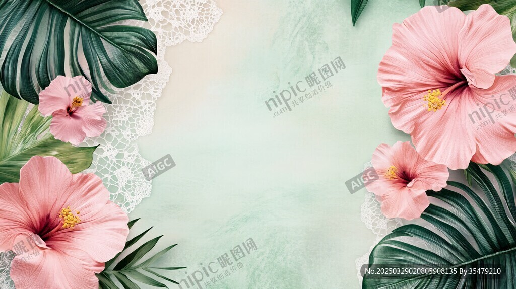 粉色扶桑花與綠葉背景