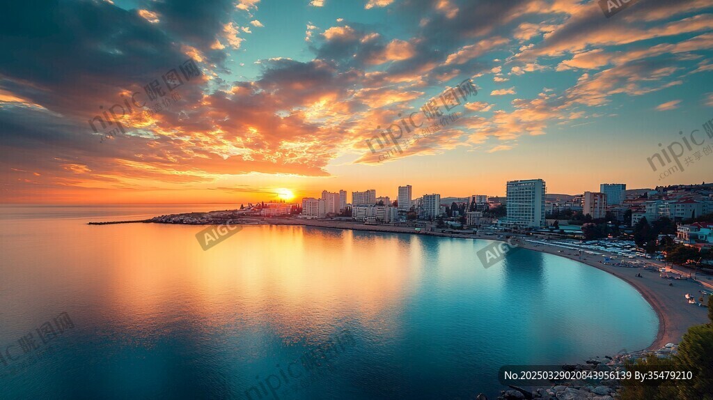 海濱城市的絢爛日落美景