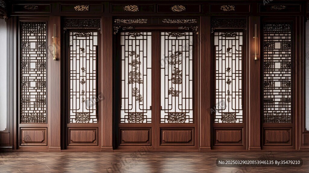 中式雕花木門室內(nèi)場景