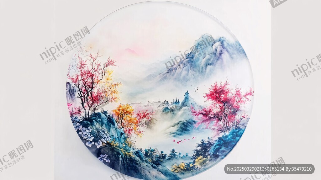 中式山水瓷盤精美畫作