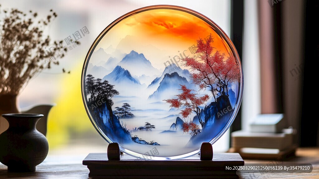 山水圓碟擺件 盡顯東方韻味