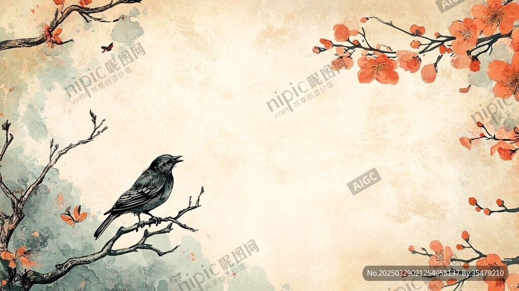 水墨枝頭棲鳥圖