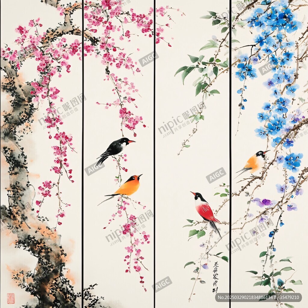 花鳥四屏圖 中式雅致風情