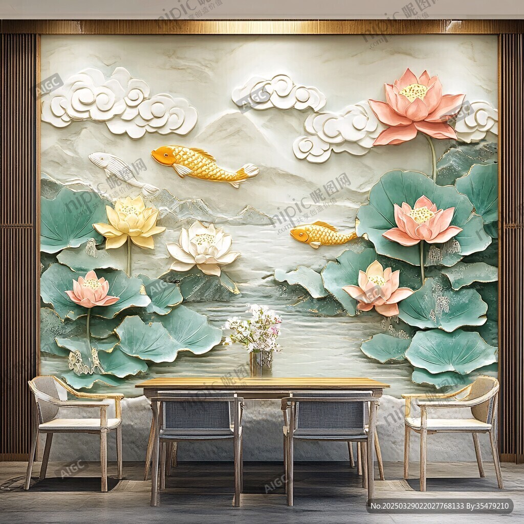 中式荷花錦鯉浮雕背景墻