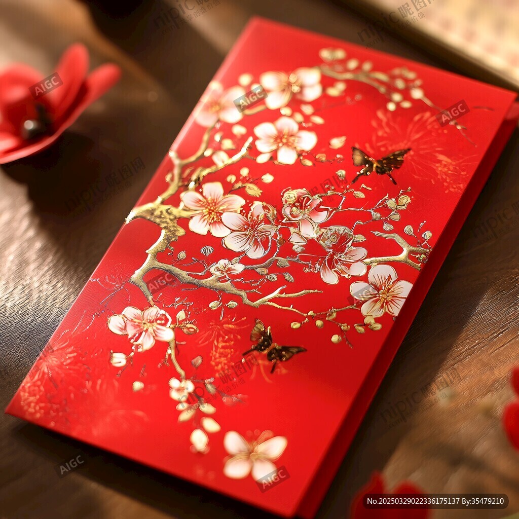 中式喜慶紅封 梅花蝴蝶圖案