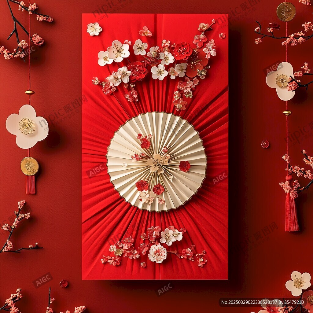 中式紅底折扇梅花裝飾圖