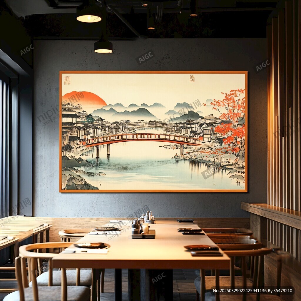 日式餐廳內(nèi)的山水掛畫風景