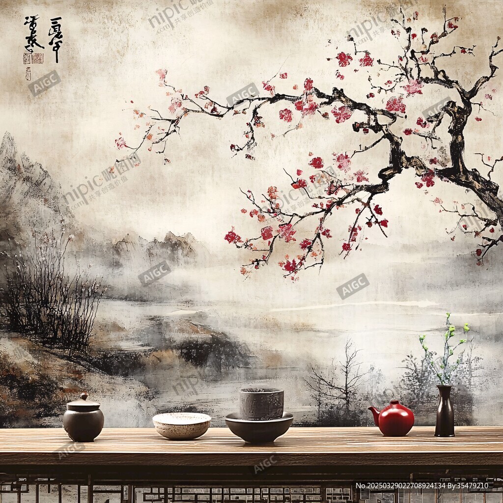 中式水墨梅花茶韻意境圖