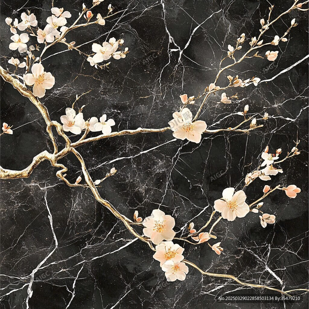黑金大理石上的雅致花枝