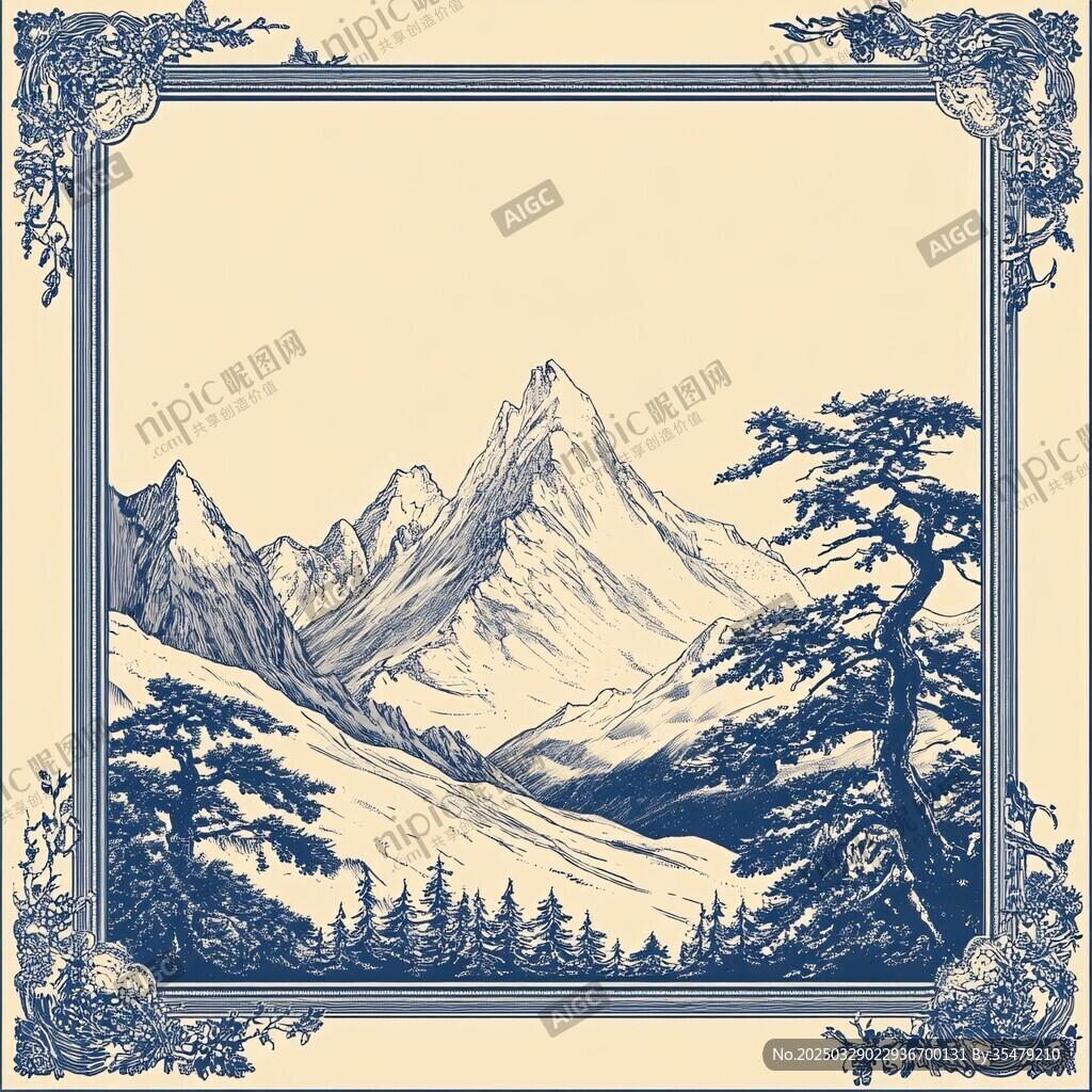 復古風山水邊框插畫