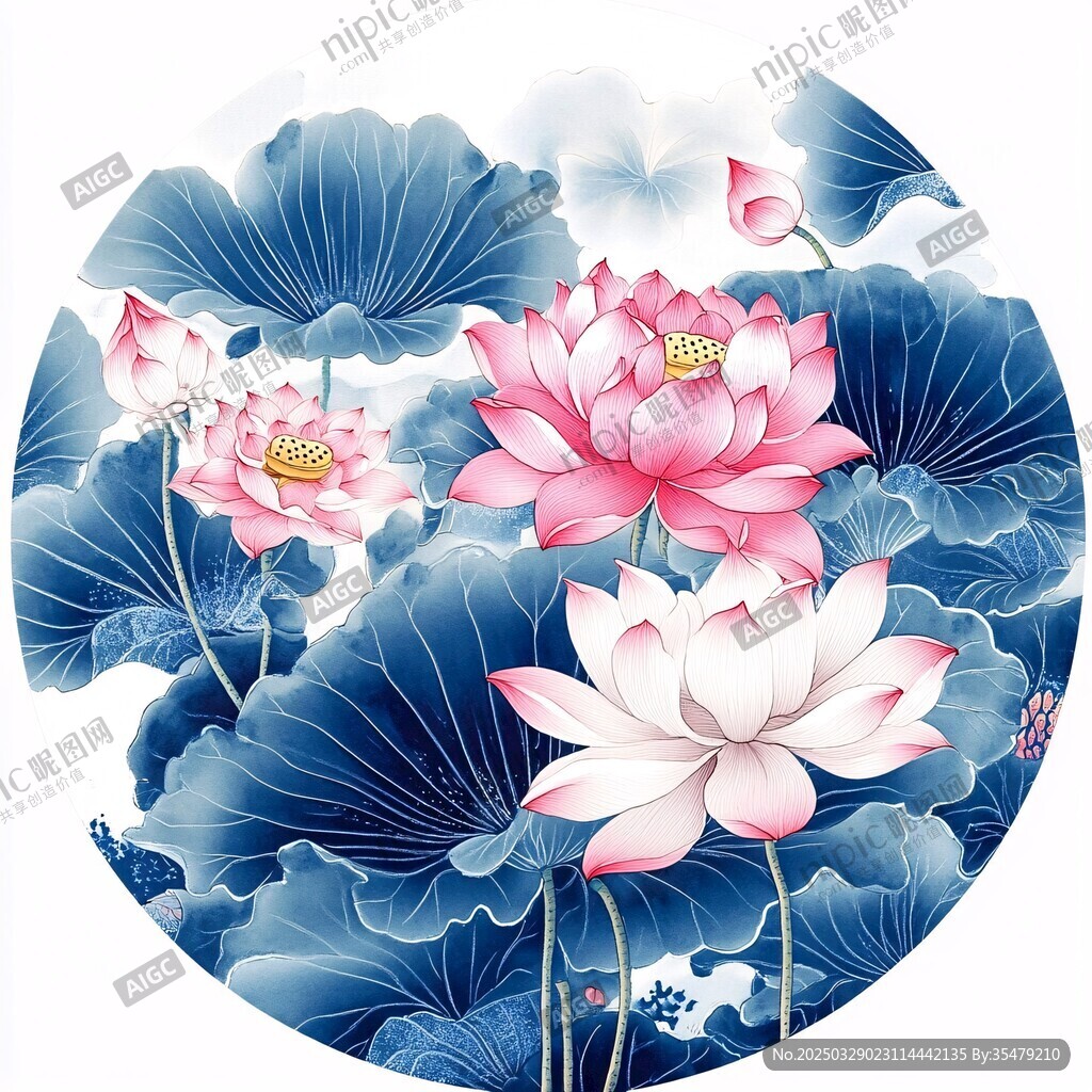 中式水墨風(fēng)荷花團(tuán)扇圖案